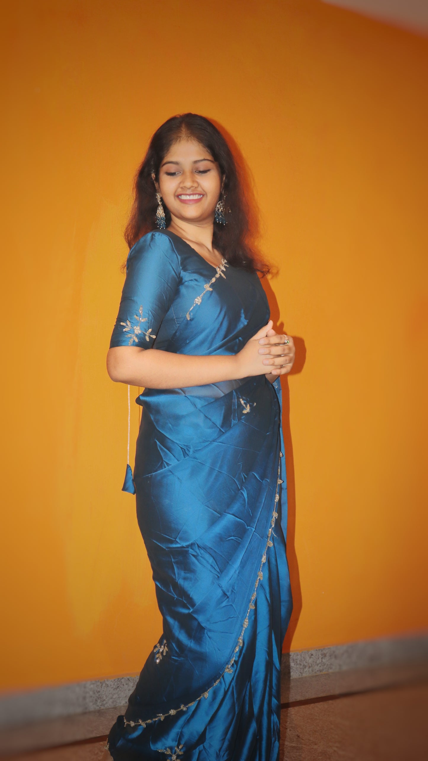 "Classic satin saree with minimal work with running blouse