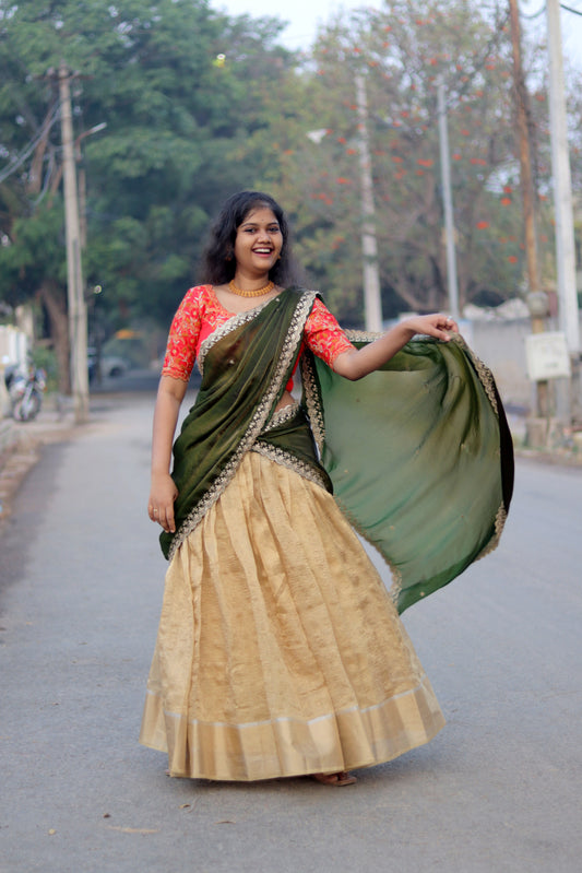 Elegant Golden Lehenga with Green Dupatta & Red Embroidered Blouse