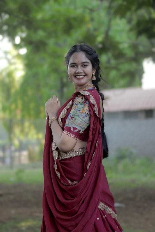 New Pure Dola Kalamkari Meroon color Half Saree with running blouse and Chiffon Duppata