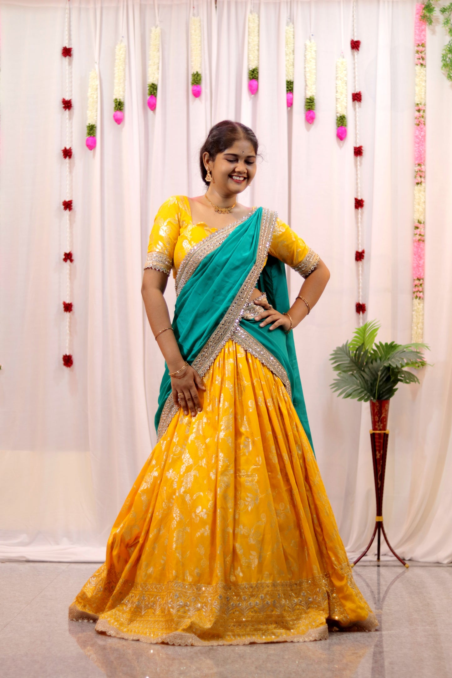 Elegant Yellow & Rama Green Half-Saree – Deeprastore