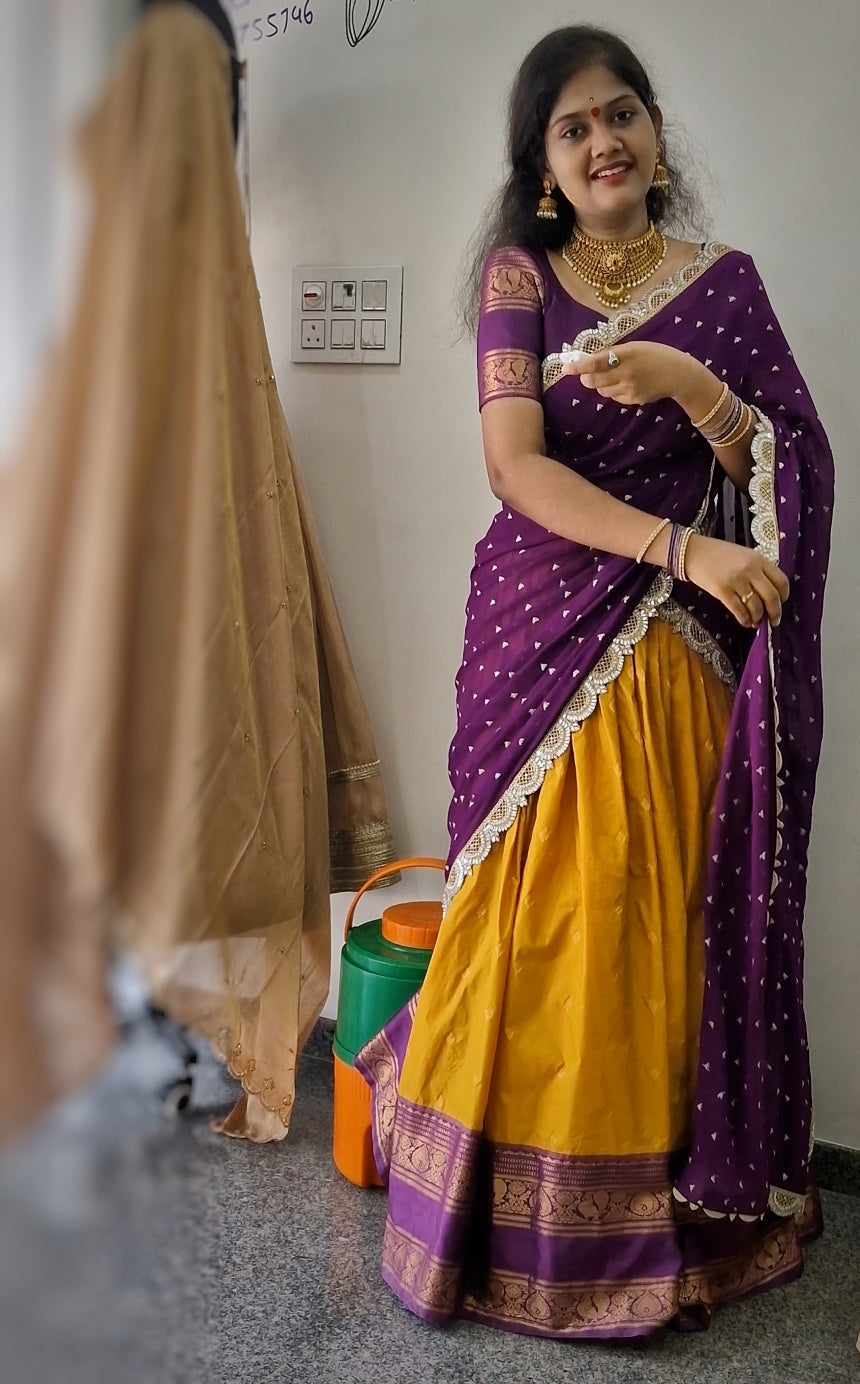 Gadwall Pattu Sea Yellow Skirt with Magenta Blouse & Dupatta – Traditional Silk Ensemble