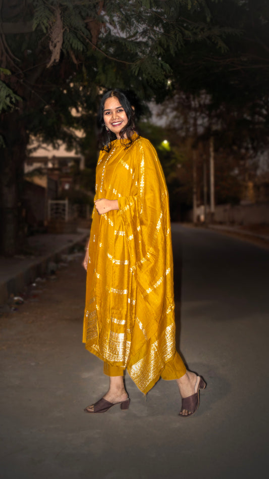 Golden Mustard Handcrafted Kurti Set with Dupatta – Festive & Ethnic Wear