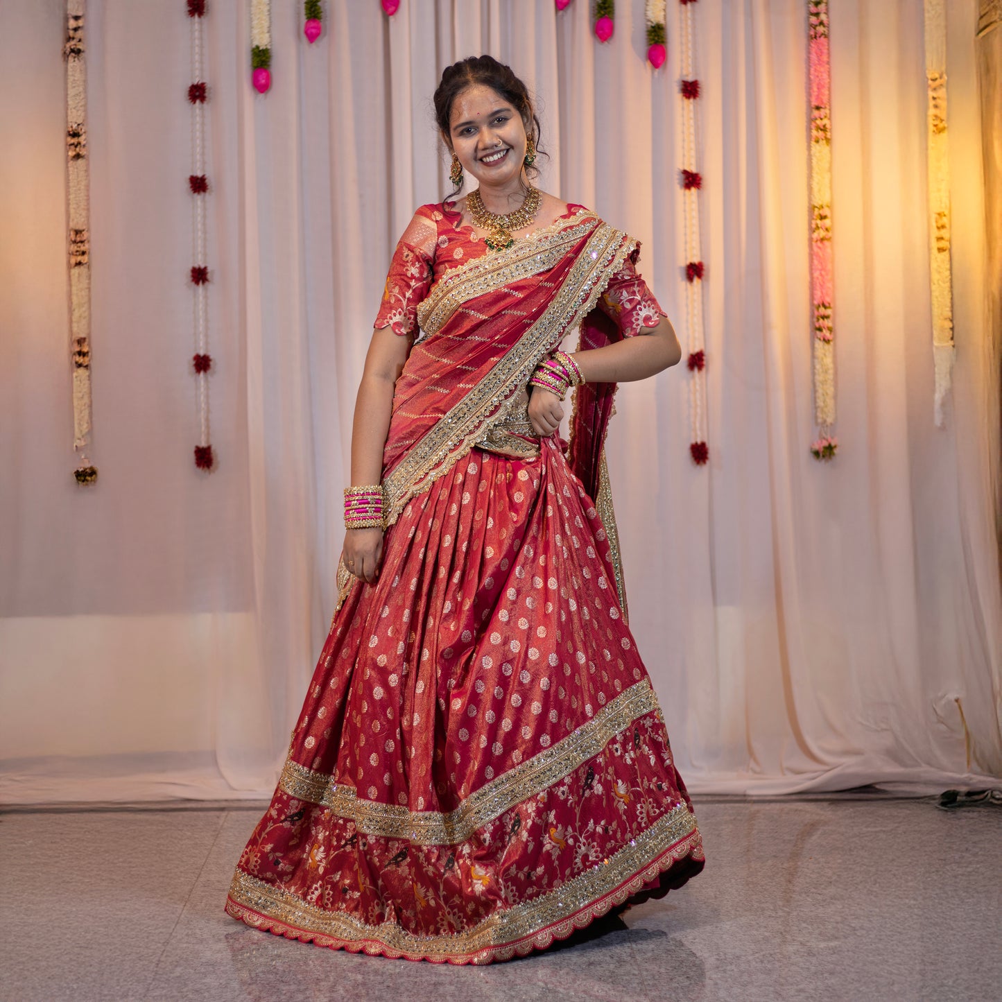 Regal Pink Pythoni Half Saree – Fully Customised with Blouse & Dupatta | Made-to-Order