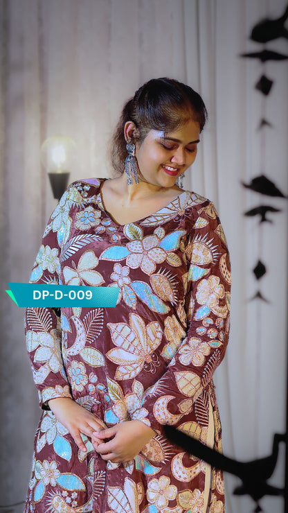 DP-D-009 – Straight Cut Top - Position Work on Natural Crepe Fabric - Custom Made