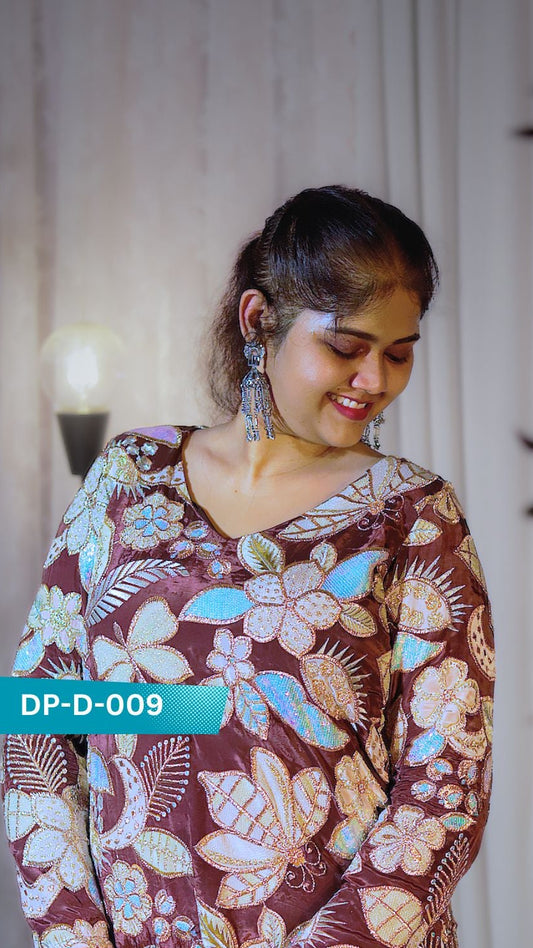DP-D-009 – Straight Cut Top - Position Work on Natural Crepe Fabric - Custom Made