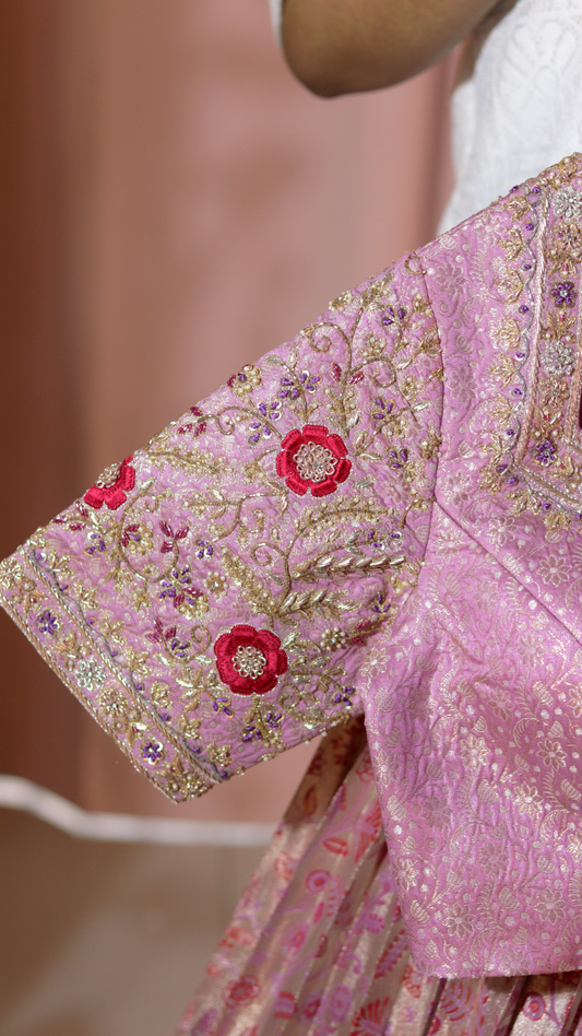 Premium Kanchi Pattu Tissue Half Saree with heavy Maggam Work