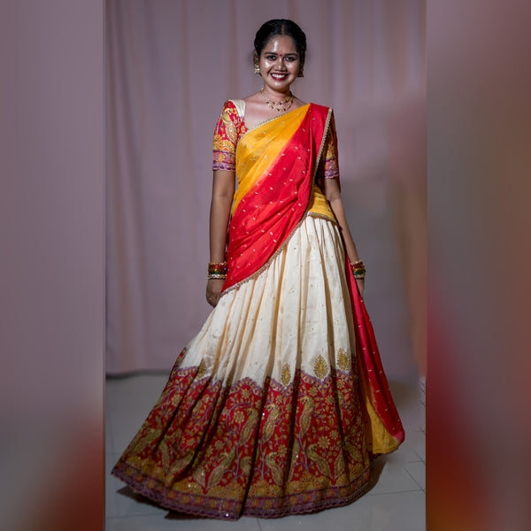 Customizable Traditional Half Saree Set (Yellow, Ivory & Red) - Choose Your Colors!