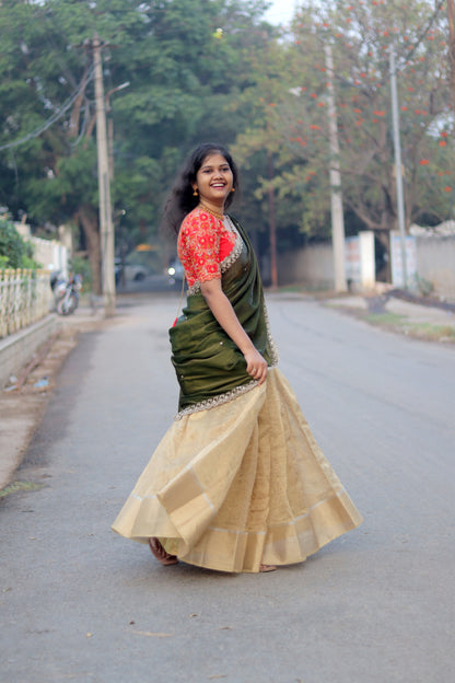 Elegant Golden Lehenga with Green Dupatta & Red Embroidered Blouse