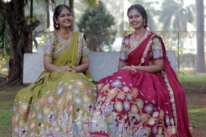 New Pure Dola Kalamkari Green color Half Saree with running blouse ( Unstitched ) and Chiffon Duppata