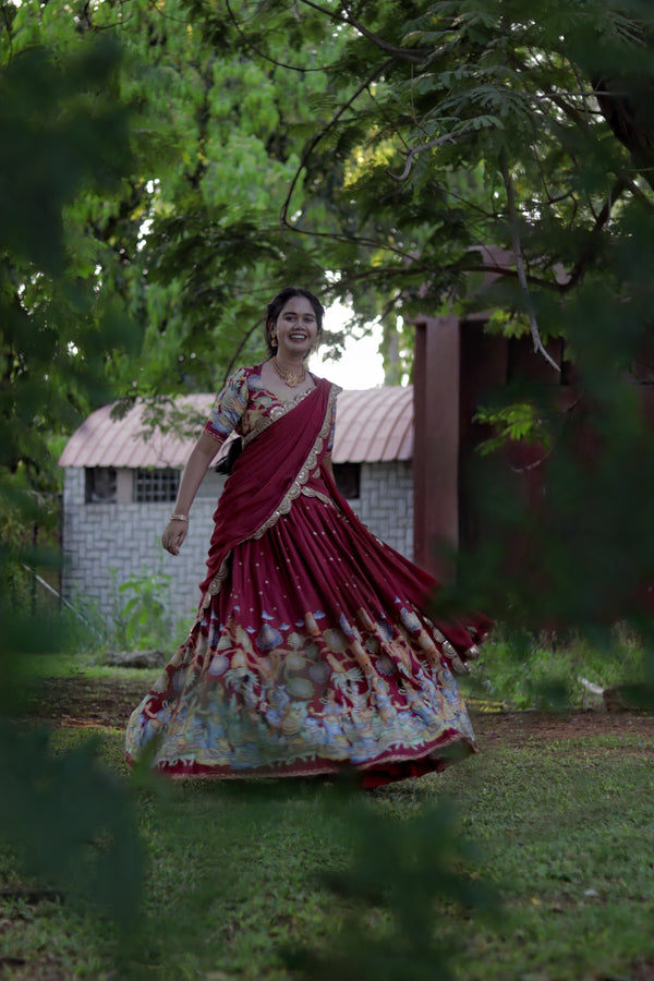 New Pure Dola Kalamkari Meroon color Half Saree with running blouse  and Chiffon Duppata
