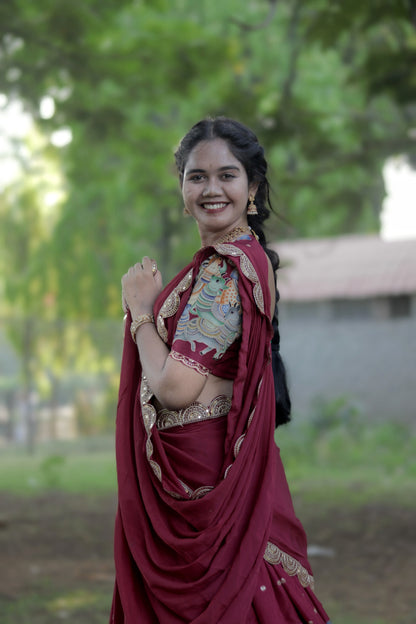 New Pure Dola Kalamkari Meroon color Half Saree with running blouse  and Chiffon Duppata