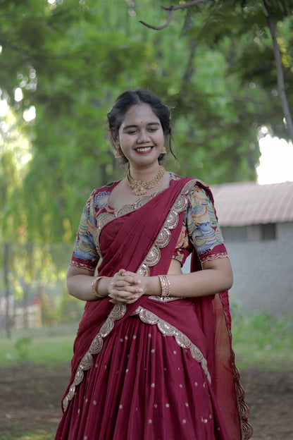 New Pure Dola Kalamkari Meroon color Half Saree with running blouse  and Chiffon Duppata