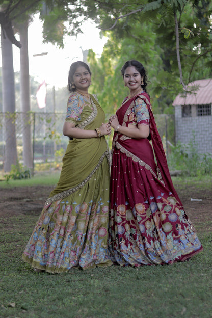 New Pure Dola Kalamkari Meroon color Half Saree with running blouse  and Chiffon Duppata