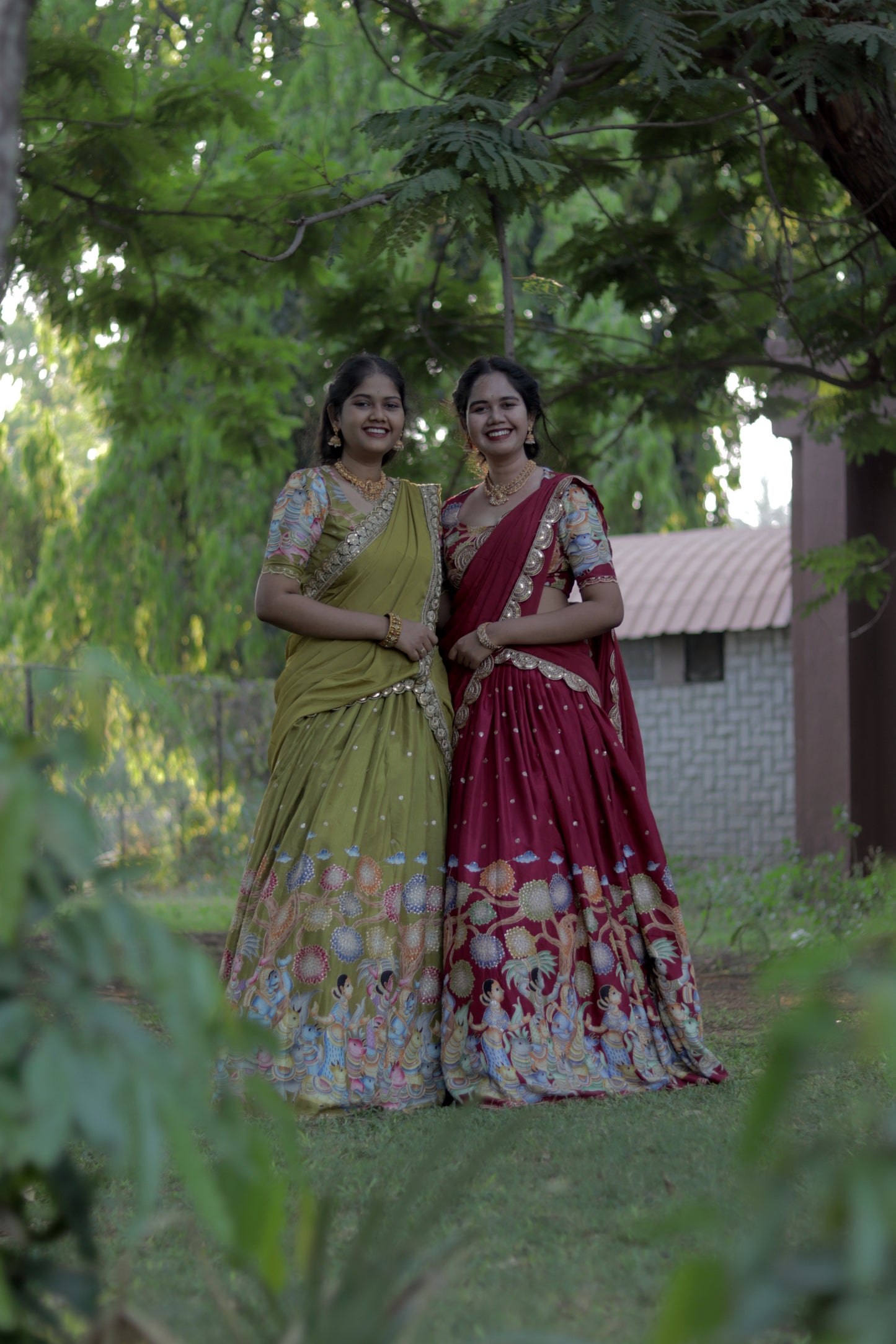 New Pure Dola Kalamkari Green color Half Saree with running blouse ( Unstitched ) and Chiffon Duppata