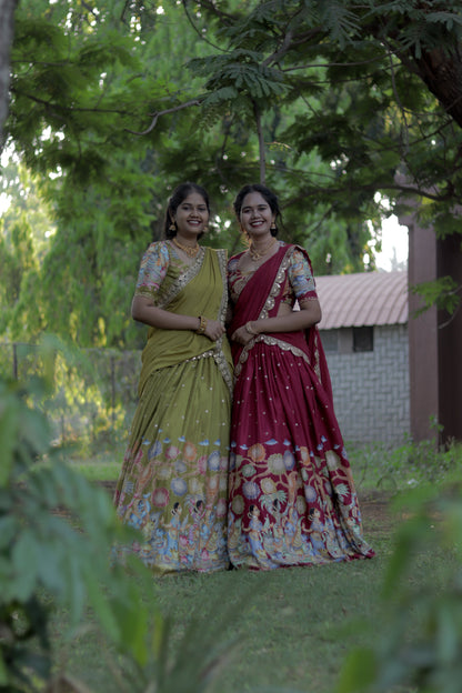 New Pure Dola Kalamkari Green color Half Saree with running blouse ( Unstitched ) and Chiffon Duppata