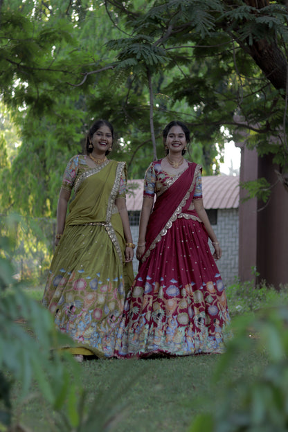 New Pure Dola Kalamkari Meroon color Half Saree with running blouse  and Chiffon Duppata