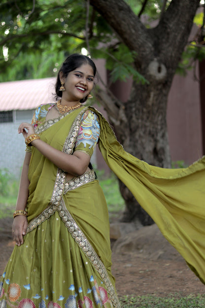 New Pure Dola Kalamkari Green color Half Saree with running blouse ( Unstitched ) and Chiffon Duppata