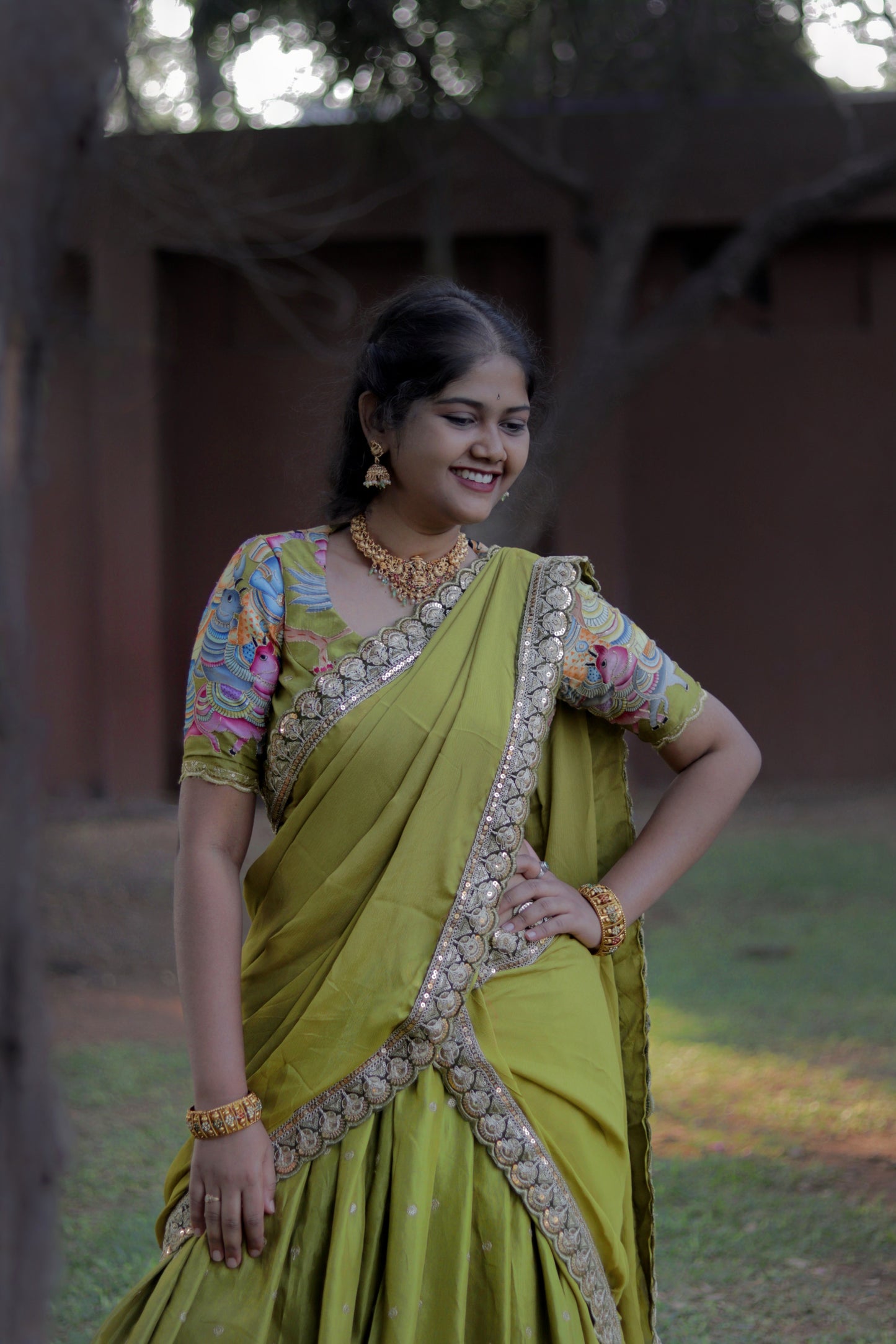 New Pure Dola Kalamkari Green color Half Saree with running blouse ( Unstitched ) and Chiffon Duppata