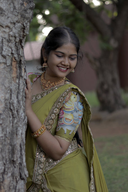 New Pure Dola Kalamkari Green color Half Saree with running blouse ( Unstitched ) and Chiffon Duppata