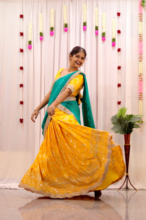 Elegant Yellow & Rama Green Half-Saree – Deeprastore