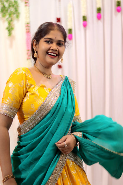 Elegant Yellow & Rama Green Half-Saree – Deeprastore
