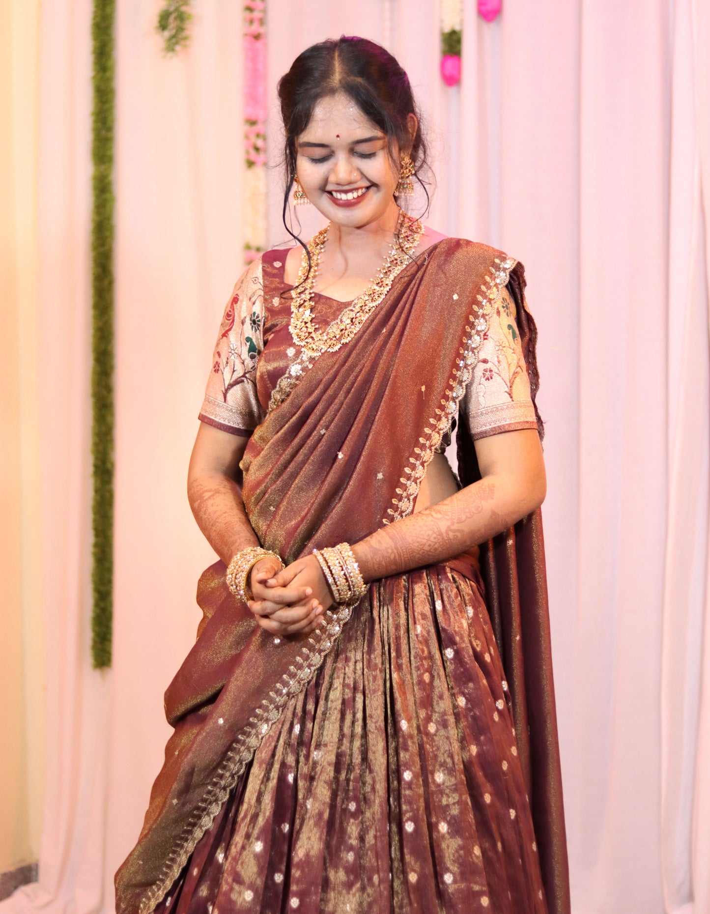Pythani Brown Half Saree – Fully Customised with Blouse & Dupatta | Made-to-Order