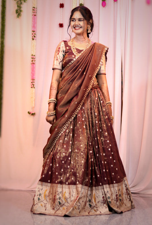 Pythani Brown Half Saree – Fully Customised with Blouse & Dupatta | Made-to-Order