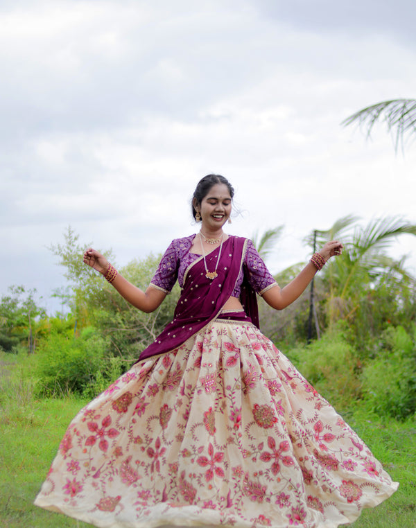 Customized Crepe Skirt with Zari Work & Purple Thread Work Blouse