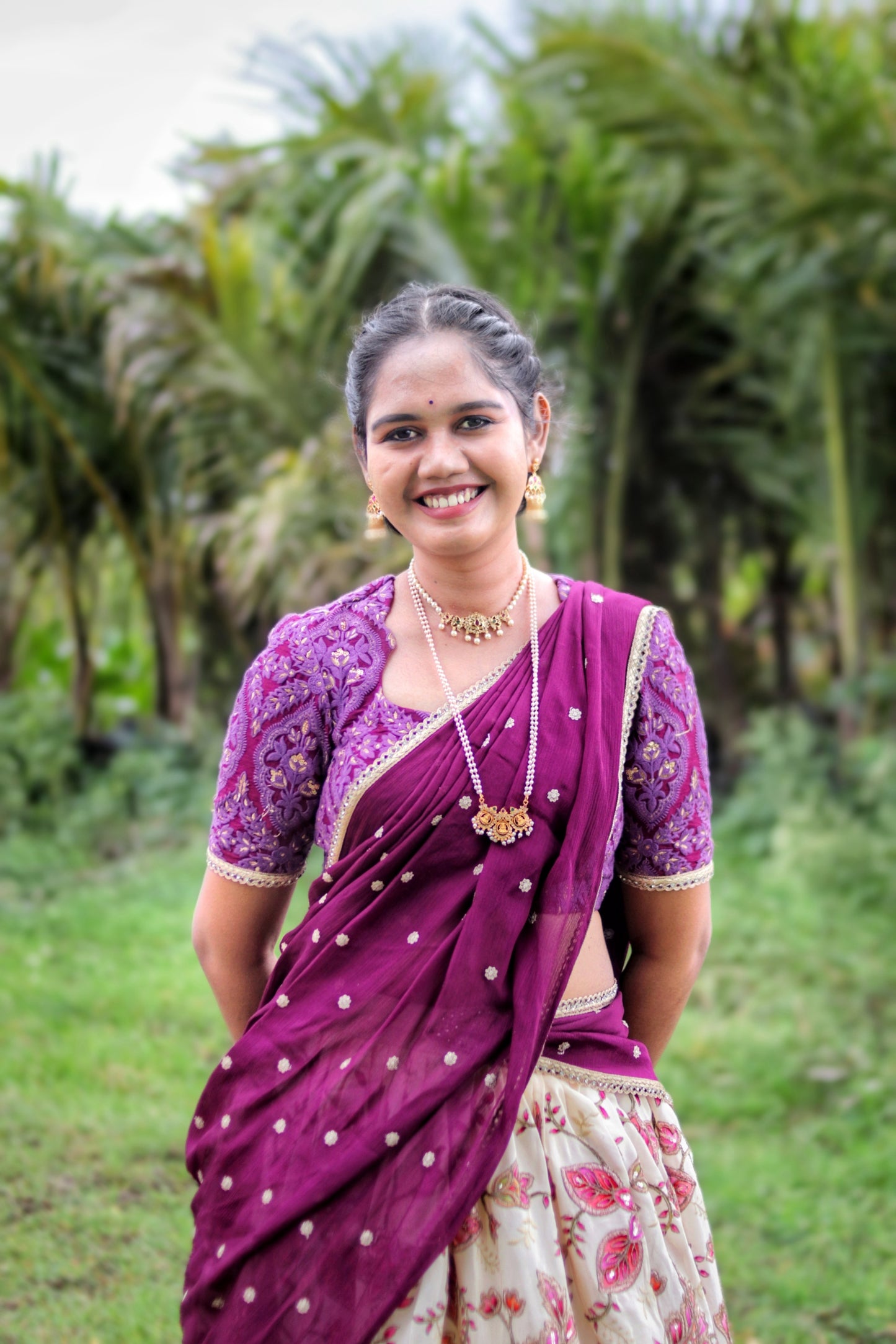Customized Crepe Skirt with Zari Work & Purple Thread Work Blouse