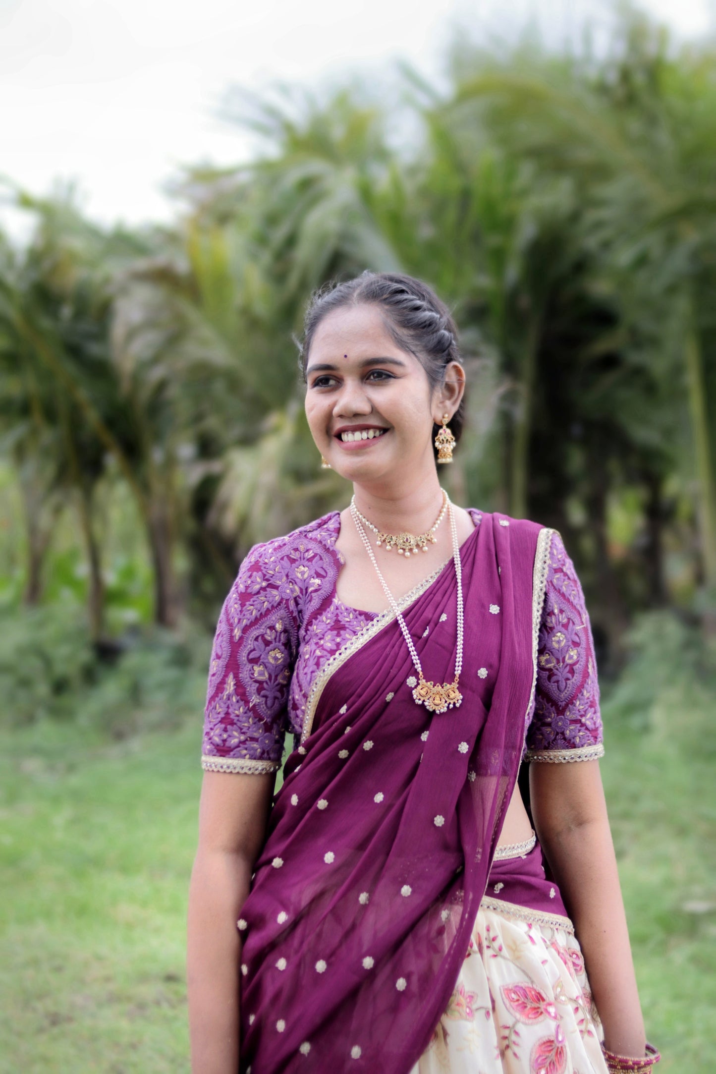 Customized Crepe Skirt with Zari Work & Purple Thread Work Blouse