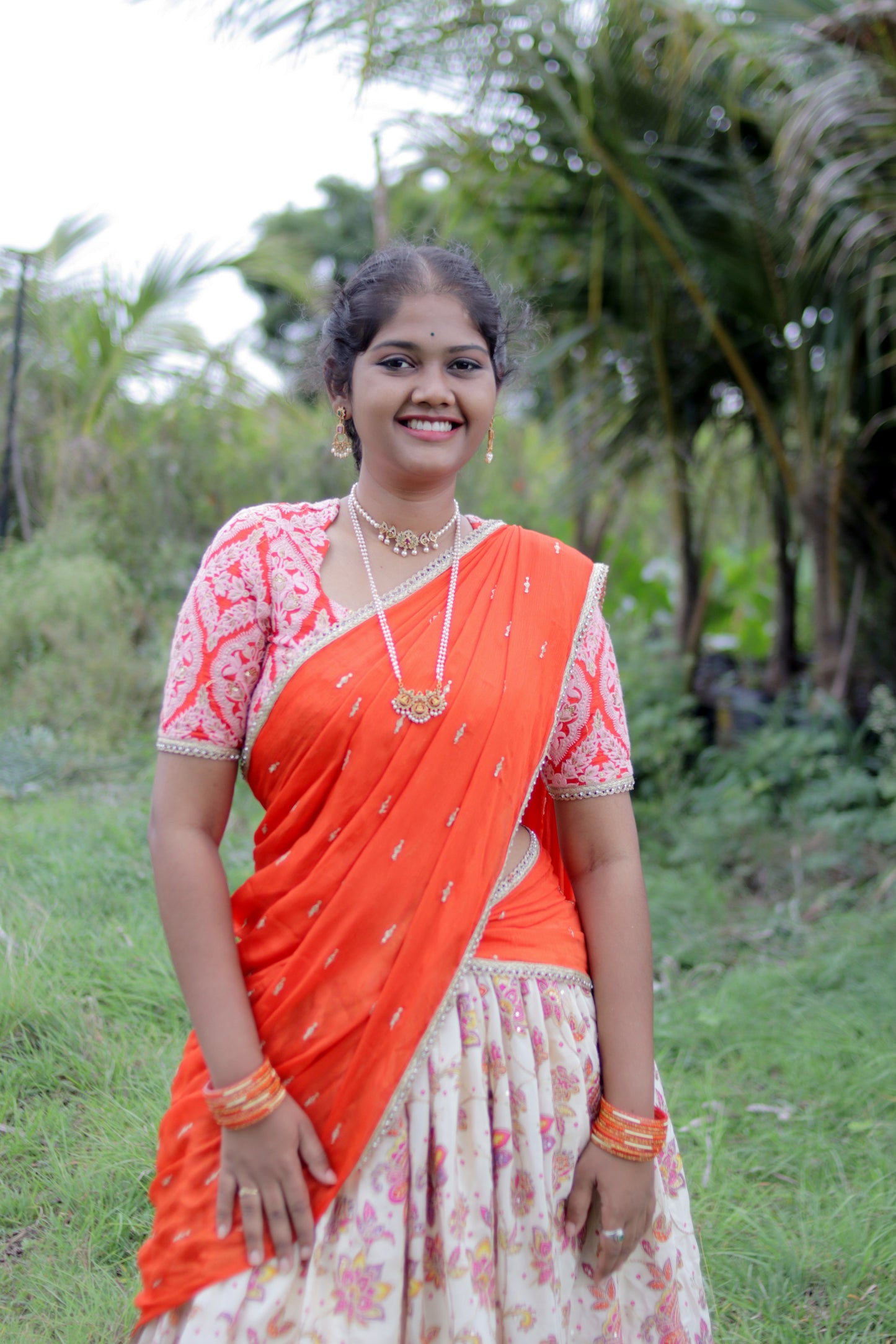 Crepe Skirt with Zari Work & Orange Raw Silk Blouse – Custom Design