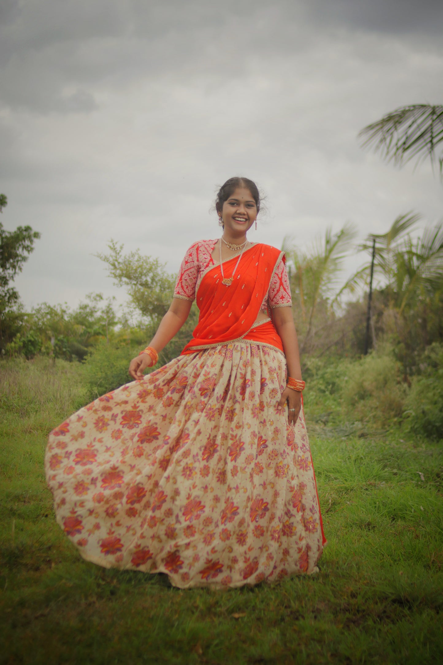 Crepe Skirt with Zari Work & Orange Raw Silk Blouse – Custom Design