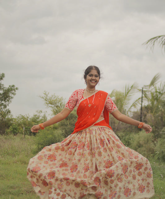 Crepe Skirt with Zari Work & Orange Raw Silk Blouse â€“ Custom Design