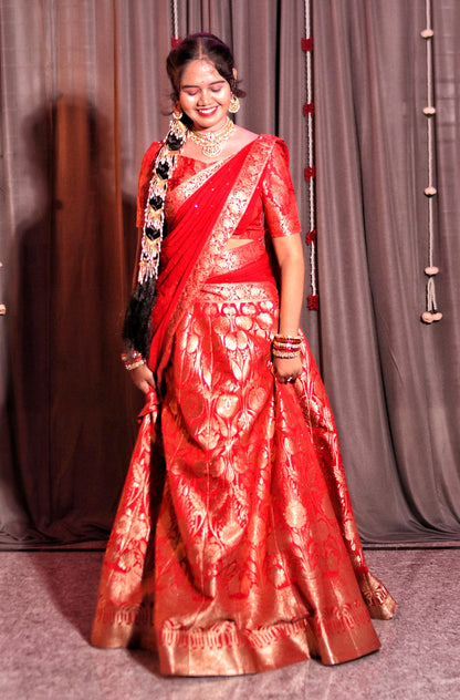 Custom-Dyed Banarasi-Style Half Saree with Fine Zari Weaving & Premium Stitching