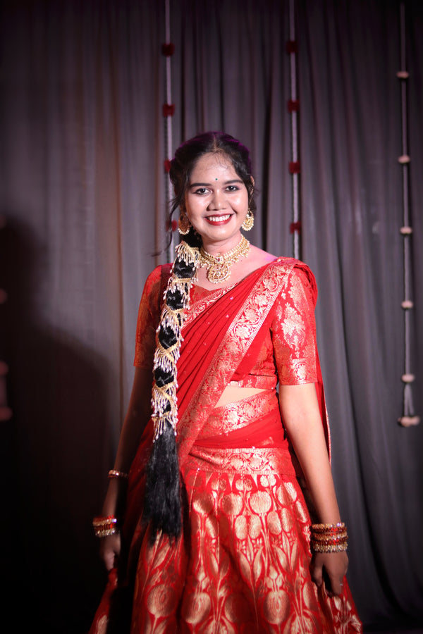 Custom-Dyed Banarasi-Style Half Saree with Fine Zari Weaving & Premium Stitching