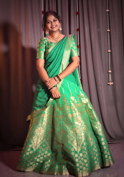 Custom-Dyed Banarasi-Style Half Saree with Fine Zari Weaving & Premium Stitching