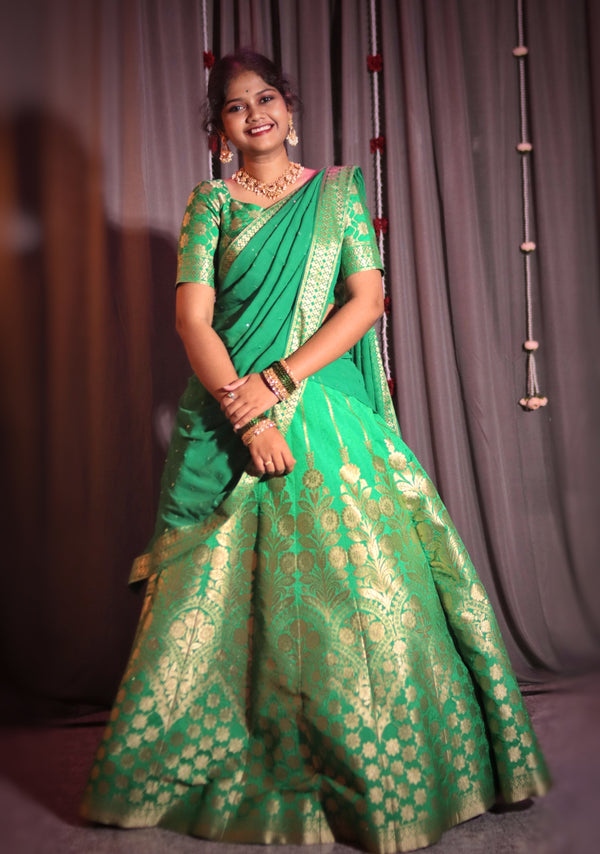Custom-Dyed Banarasi-Style Half Saree with Fine Zari Weaving & Premium Stitching