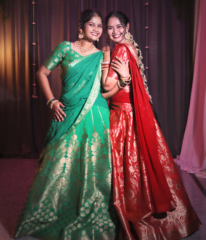 Custom-Dyed Banarasi-Style Half Saree with Fine Zari Weaving & Premium Stitching