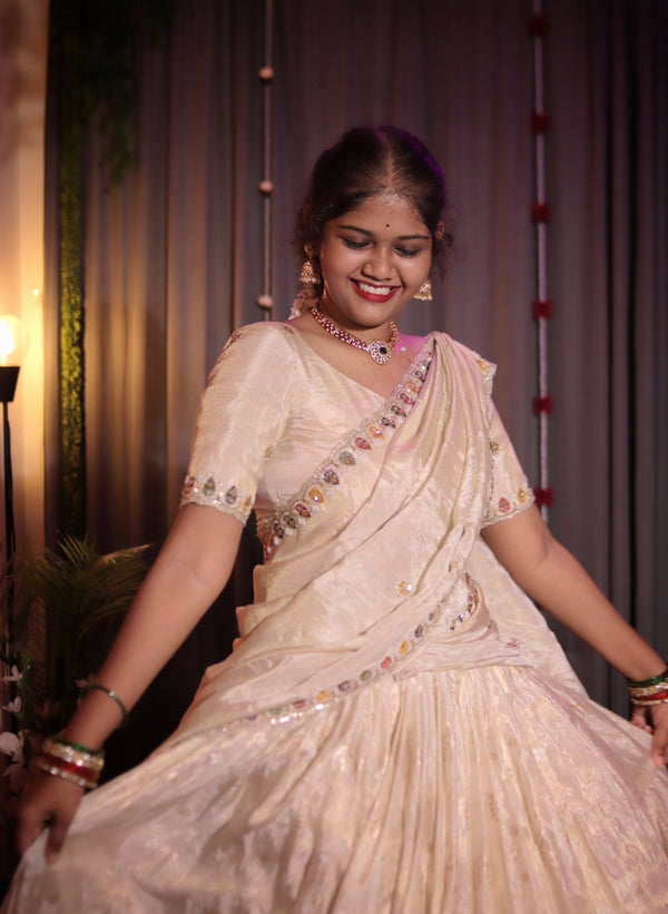 Classic Tusser Tissue Half Saree in Half White