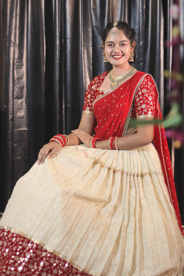 Cream & Red Half Saree with Velvet Blouse, Chikankari Work Skirt & Georgette Dupatta – Custom Made