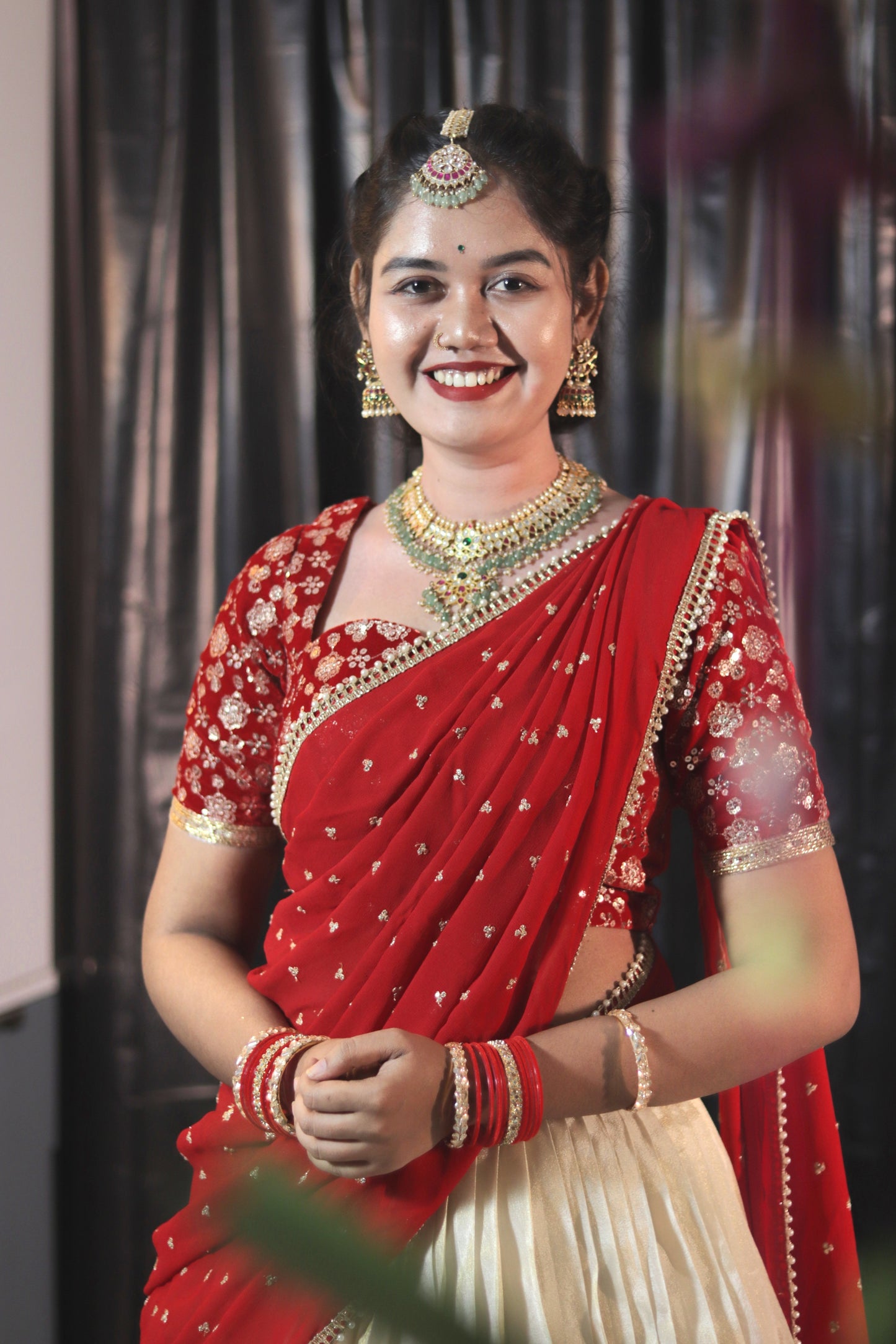 Cream & Red Half Saree with Velvet Blouse, Chikankari Work Skirt & Georgette Dupatta – Custom Made