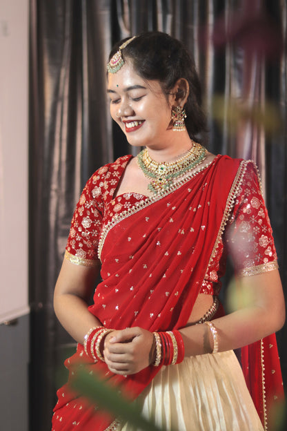 Cream & Red Half Saree with Velvet Blouse, Chikankari Work Skirt & Georgette Dupatta – Custom Made