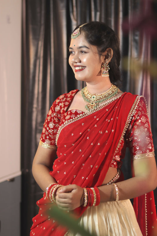 Cream & Red Half Saree with Velvet Blouse, Chikankari Work Skirt & Georgette Dupatta – Custom Made