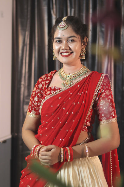 Cream & Red Half Saree with Velvet Blouse, Chikankari Work Skirt & Georgette Dupatta – Custom Made