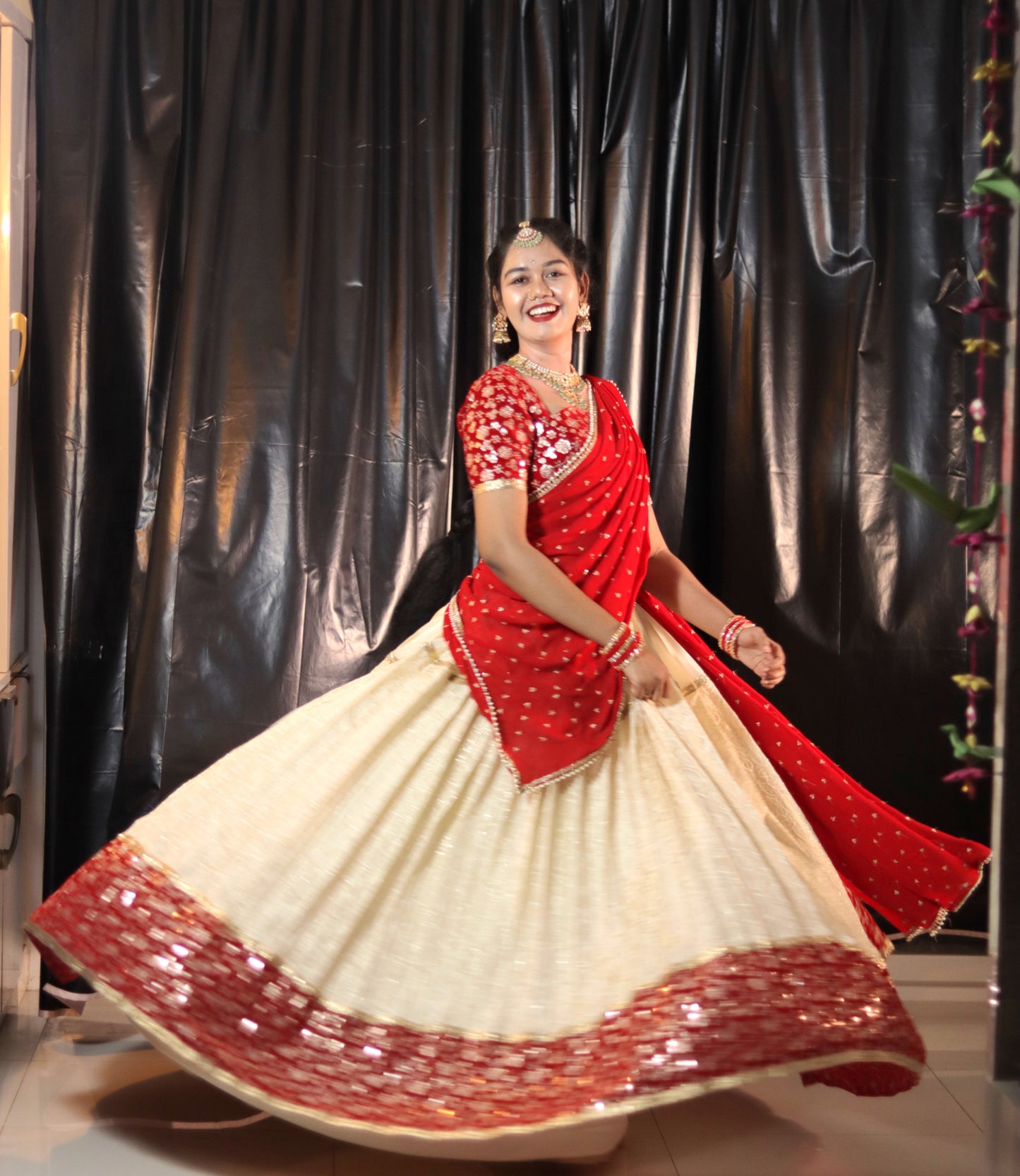Cream & Red Half Saree with Velvet Blouse, Chikankari Work Skirt & Georgette Dupatta – Custom Made