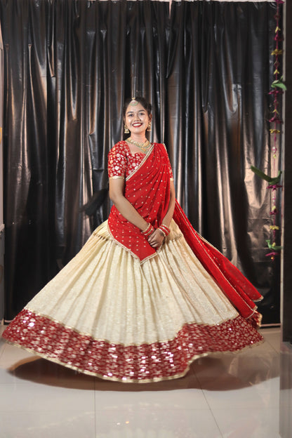 Cream & Red Half Saree with Velvet Blouse, Chikankari Work Skirt & Georgette Dupatta – Custom Made