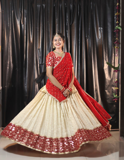 Cream & Red Half Saree with Velvet Blouse, Chikankari Work Skirt & Georgette Dupatta – Custom Made