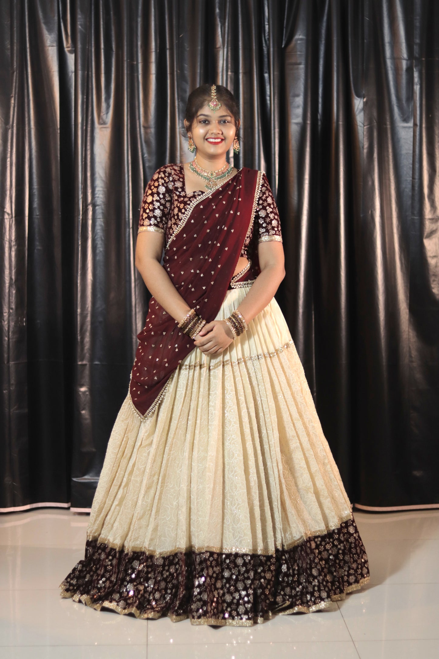 Cream & Meroon Half Saree with Velvet Blouse, Chikankari Work Skirt & Georgette Dupatta – Custom Made