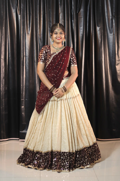 Cream & Meroon Half Saree with Velvet Blouse, Chikankari Work Skirt & Georgette Dupatta – Custom Made