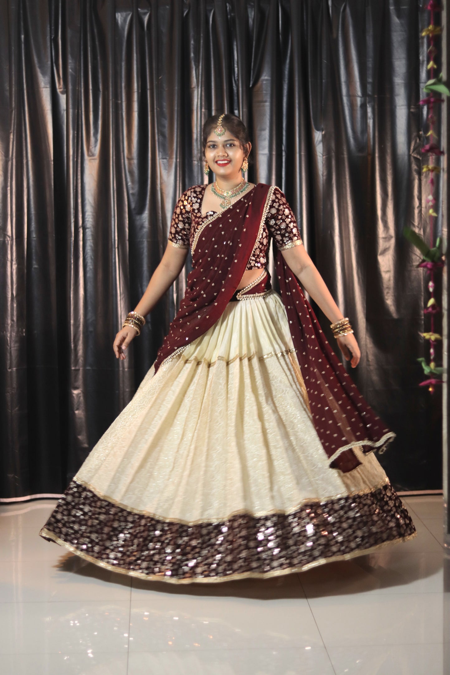 Cream & Meroon Half Saree with Velvet Blouse, Chikankari Work Skirt & Georgette Dupatta – Custom Made